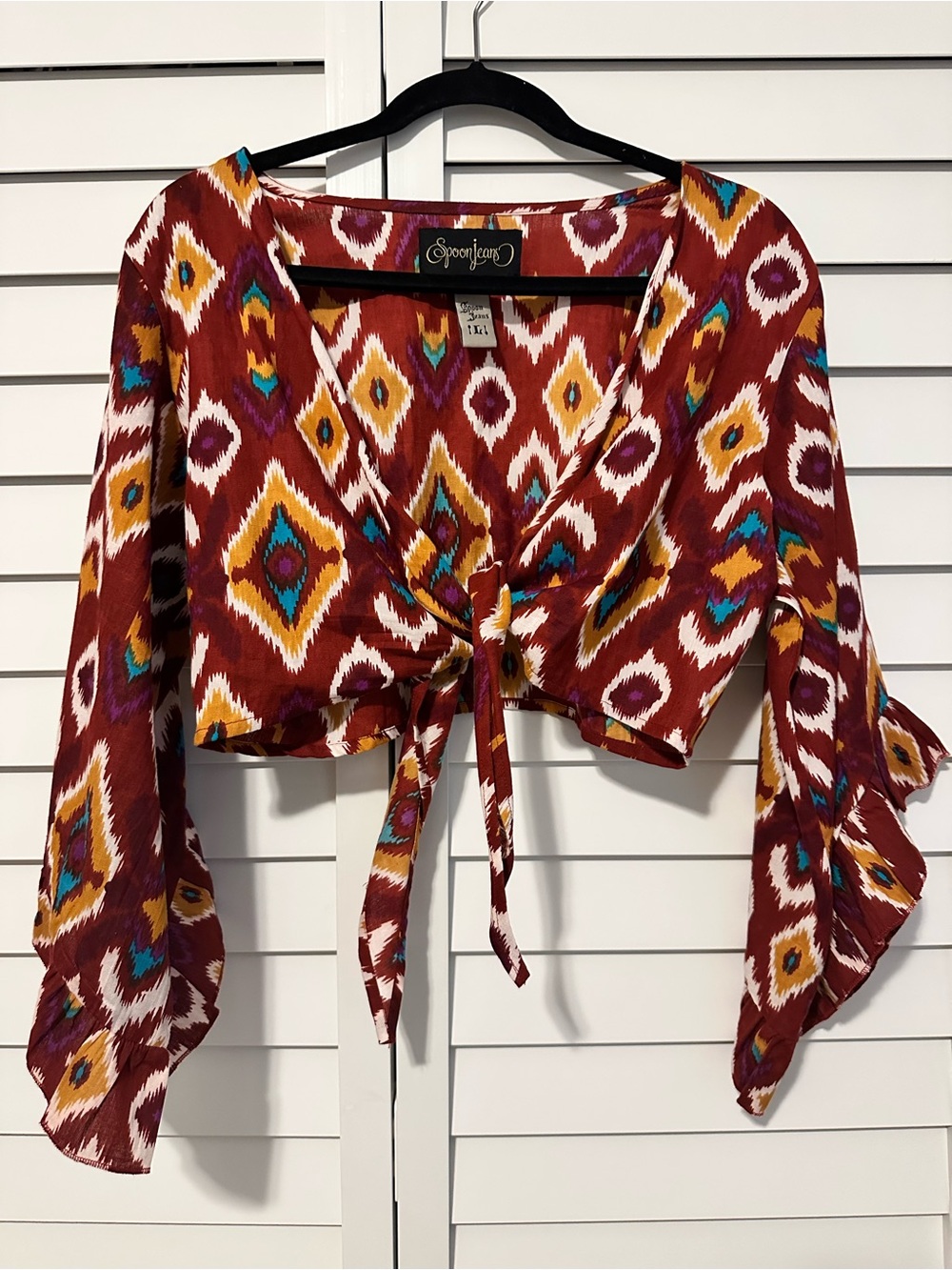 Women's Burgundy Ikat Tie-Front Crop Top